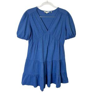 Boden Seersucker Ruffle Dress Women’s Size 6 Blue Puff‎ Sleeves